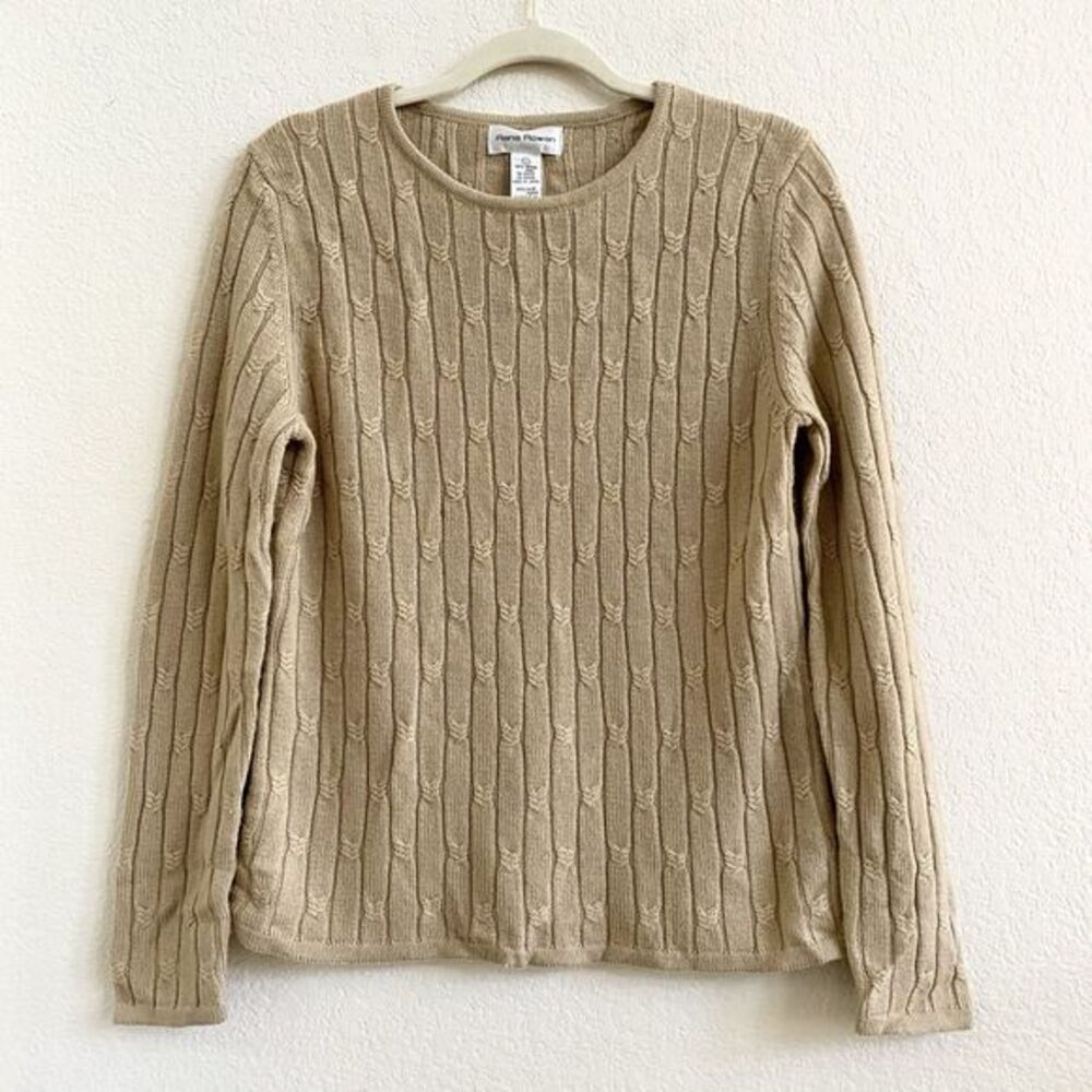 Rena Rowan Beige  Pullover Wool  Lightweight Cable Knit Sweater Size‎ L